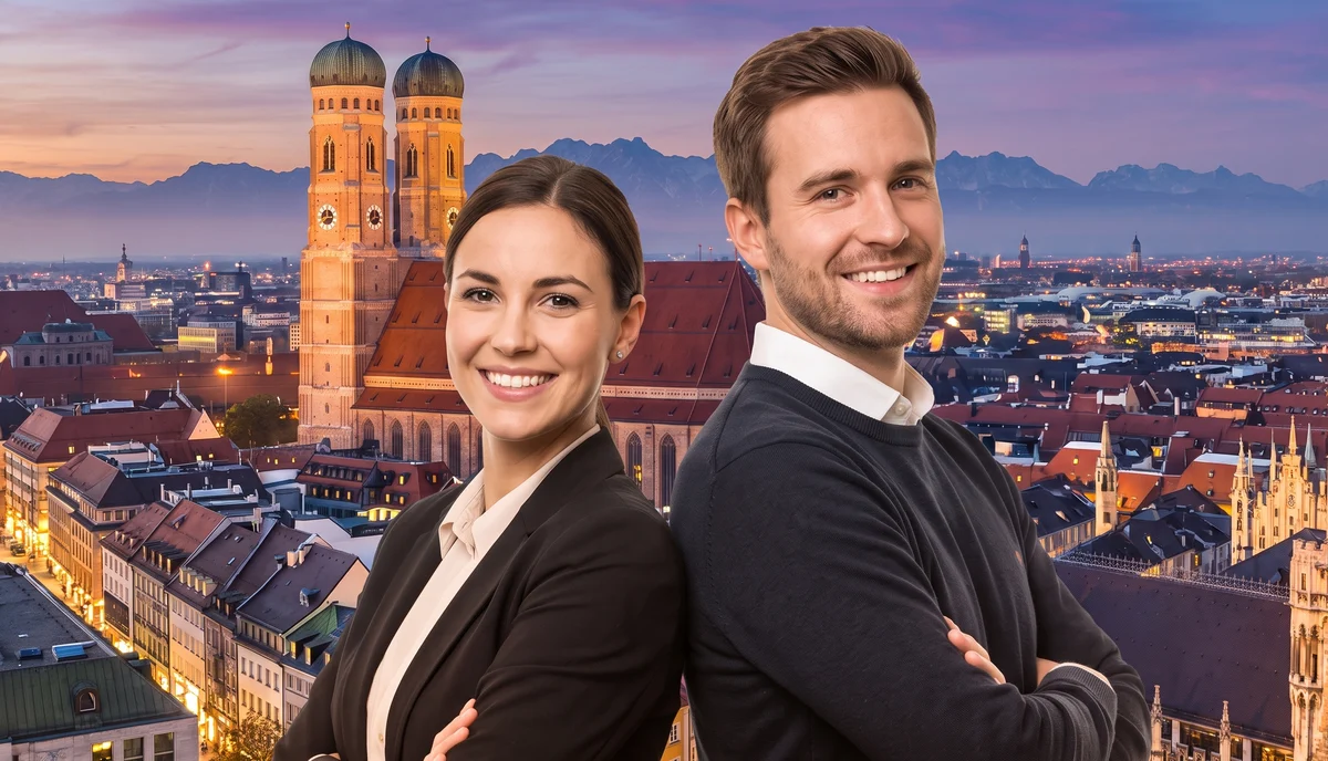 Kartenmotiv auf dem Fotobox-Display: Paar Rücken an Rücken vor Münchner Skyline